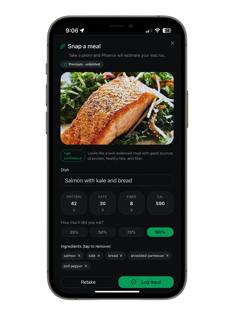 Phoenix Tracker Pro app — snap a meal photo to instantly see protein, fats, fiber and calories.